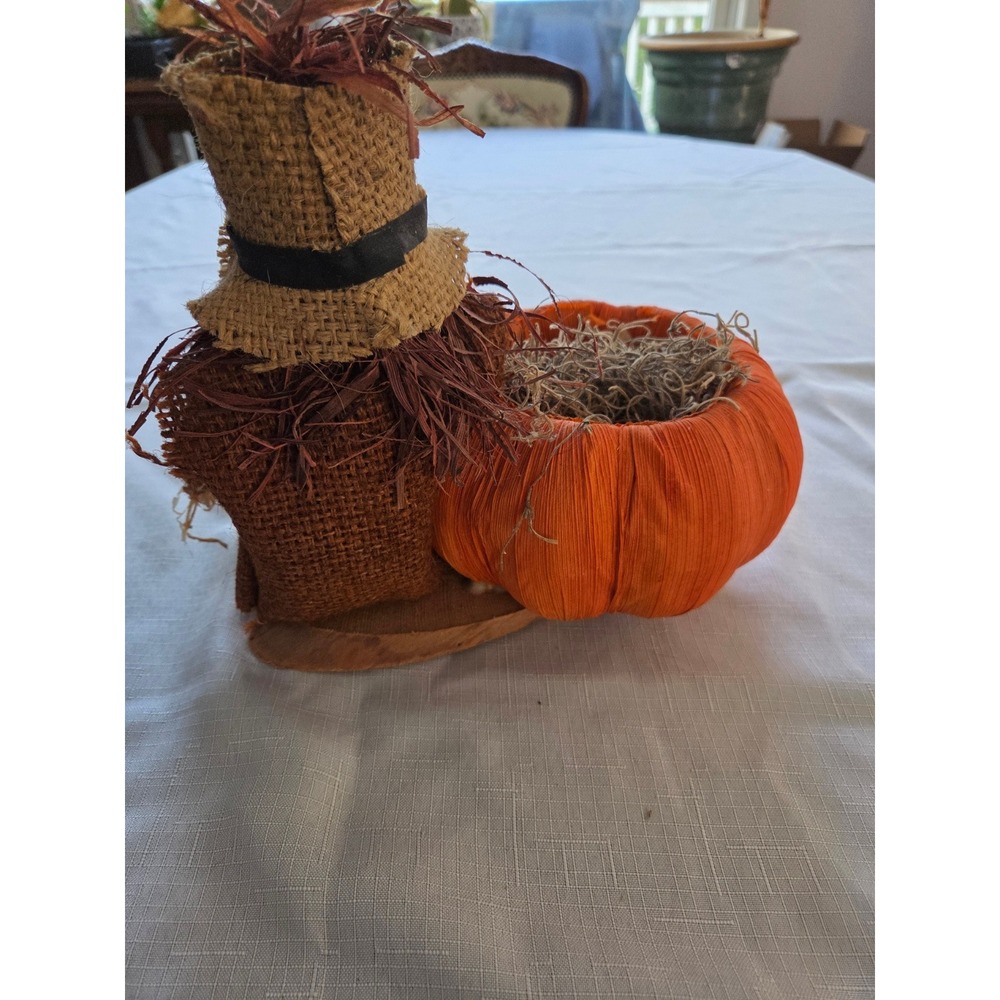 Rustic Fall Scarecrow with Pumpkin Planter Burlap Autumn Harvest Decor 12in - Picture 4 of 4